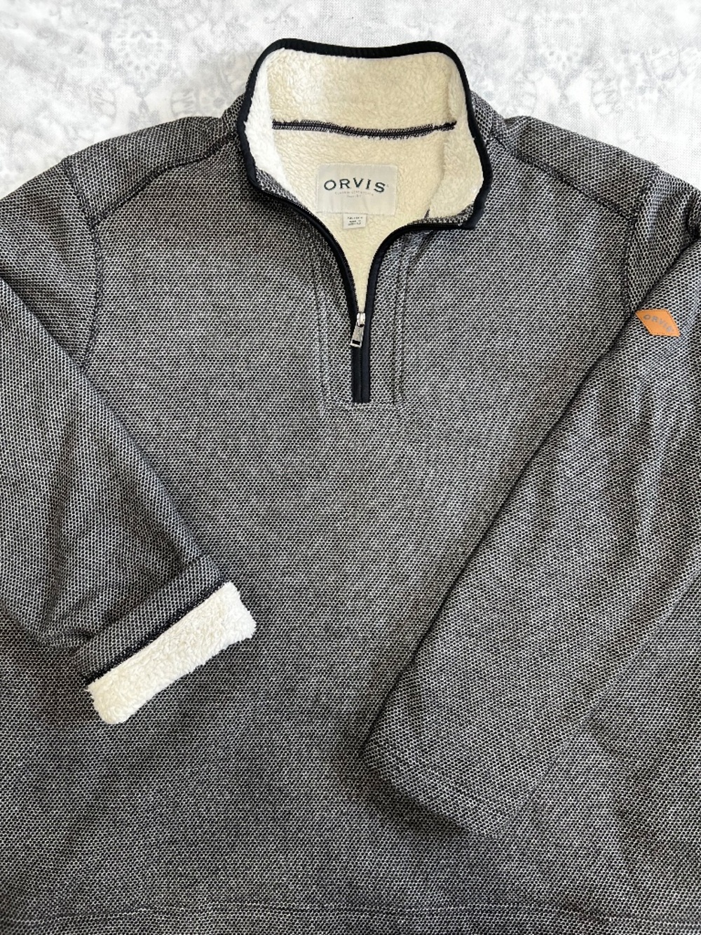 Orvis Quarter Zip Sherpa Lined Warm Pullover Sweater Men XXL Gray Pockets Fleece